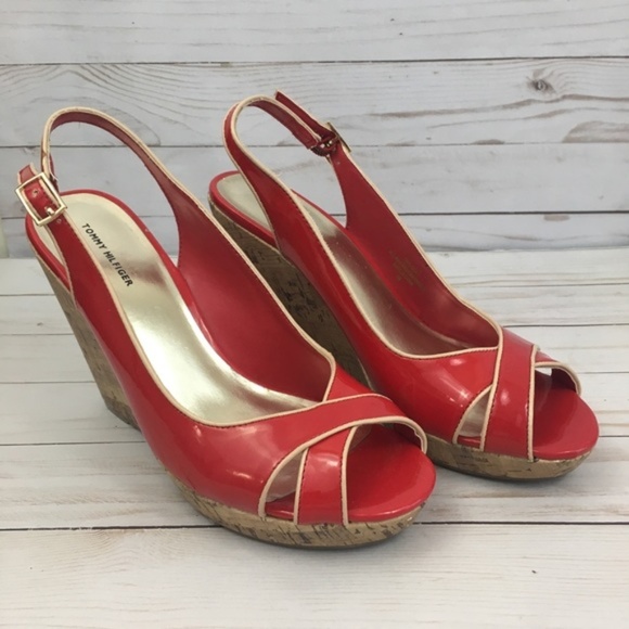 tommy hilfiger red wedge shoes